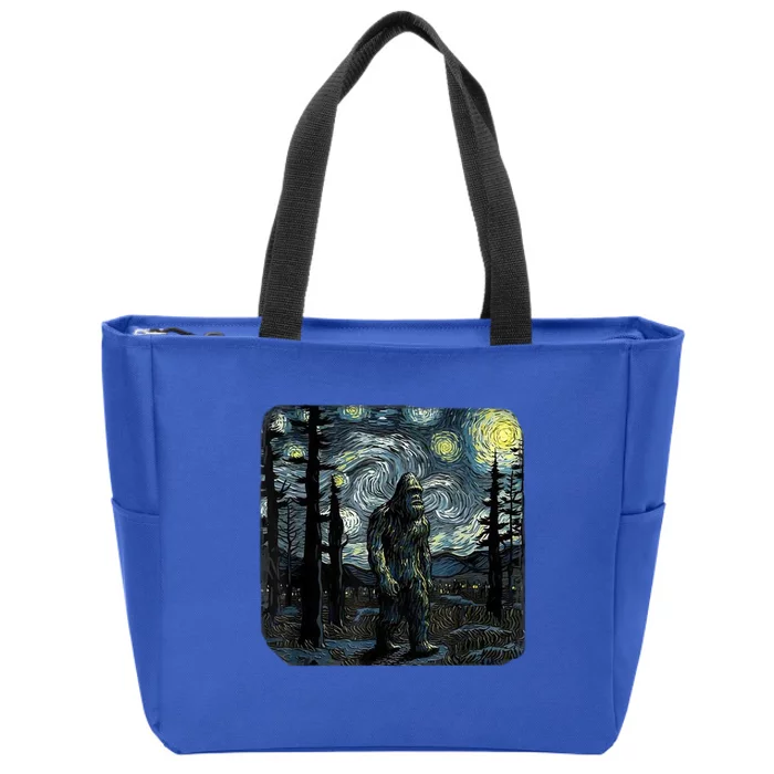 Bigfoot Starry Night Sasquatch Van Gogh Sky Painting Art Zip Tote Bag