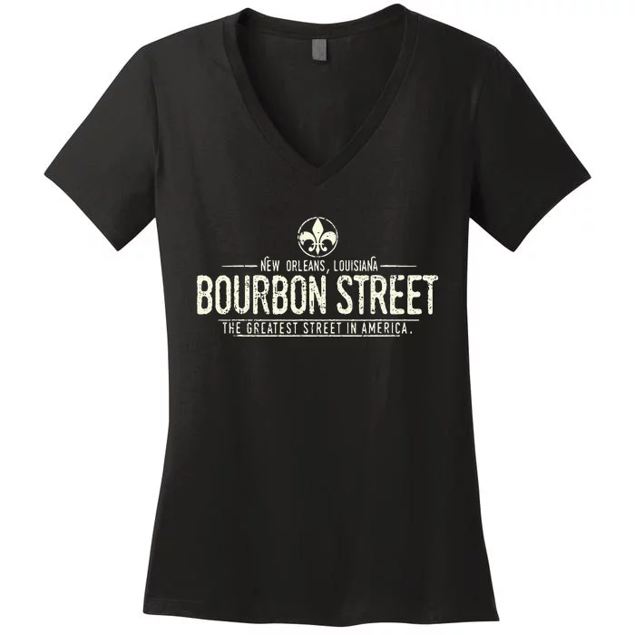 Bourbon Street New Orleans Louisiana Distressed Women's V-Neck T-Shirt