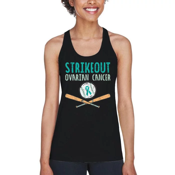 Baseball Strikeout Ovarian Cancer Teal Ribbon Awareness Women's Racerback Tank