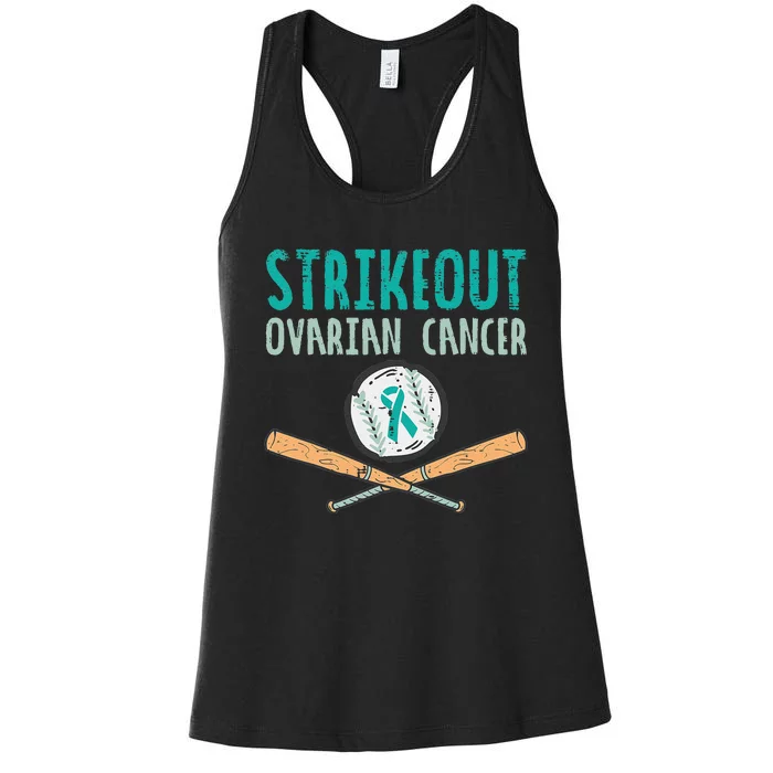 Baseball Strikeout Ovarian Cancer Teal Ribbon Awareness Women's Racerback Tank