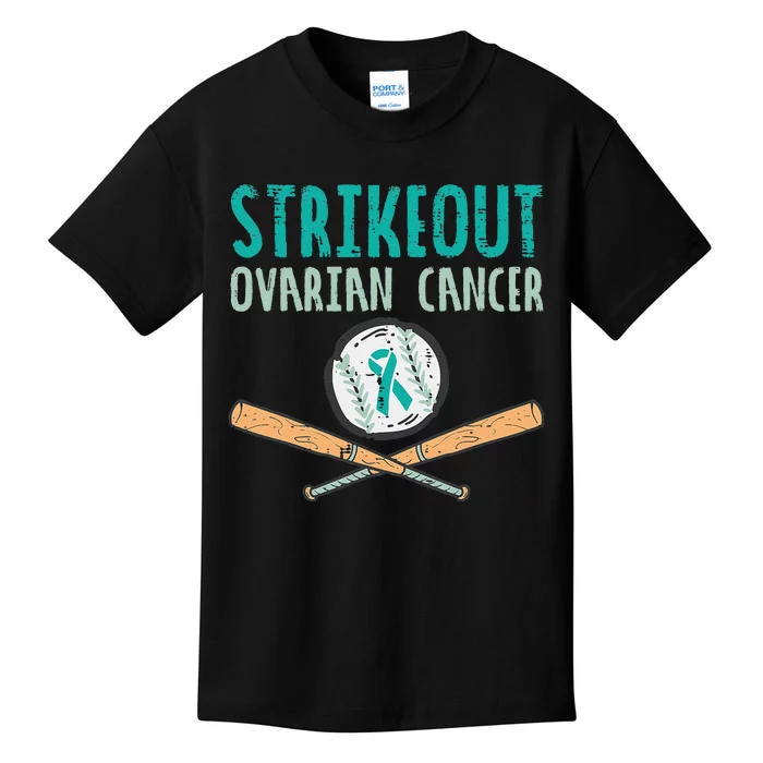 Baseball Strikeout Ovarian Cancer Teal Ribbon Awareness Kids T-Shirt