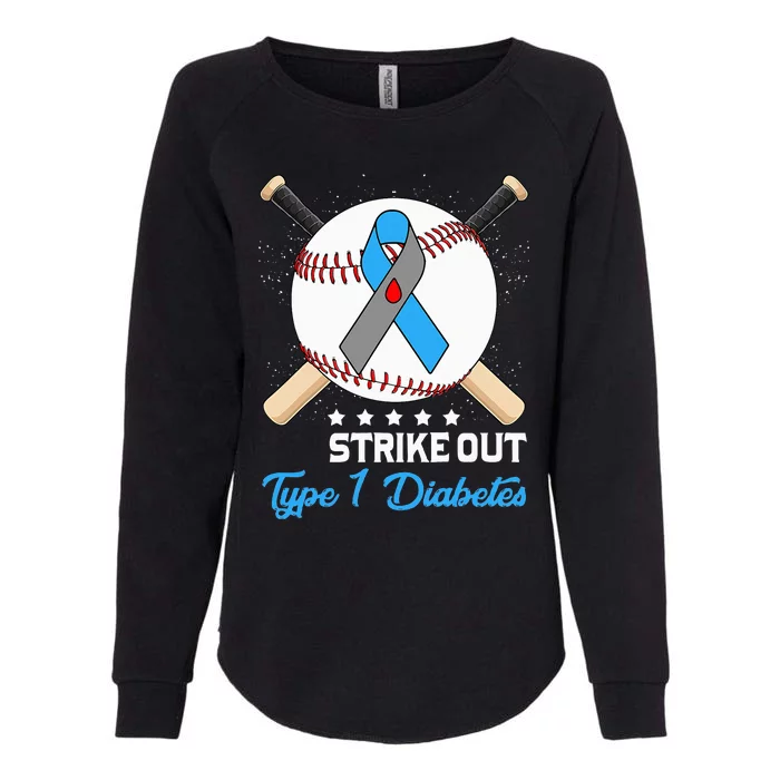 Baseball Strike Out T1D Type 1 Diabetes Blue Ribbon Womens California Wash Sweatshirt