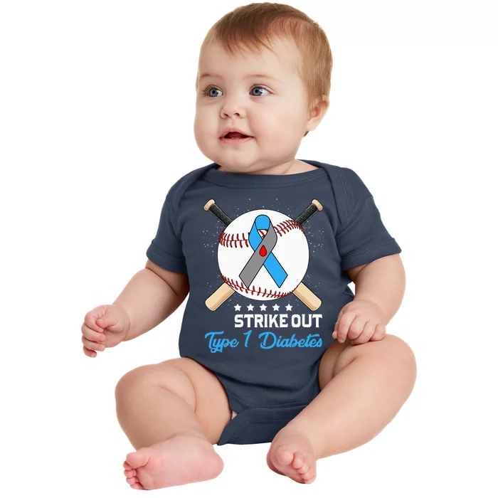 Baseball Strike Out T1D Type 1 Diabetes Blue Ribbon Baby Bodysuit