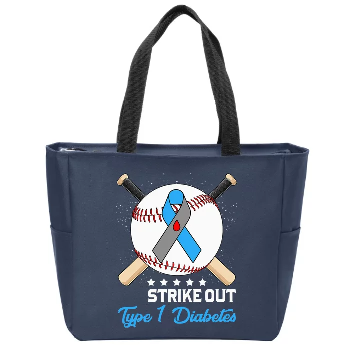 Baseball Strike Out T1D Type 1 Diabetes Blue Ribbon Zip Tote Bag