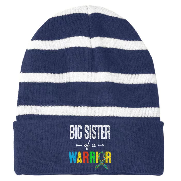 Big Sister Of A Warrior Autism Awareness Support Striped Beanie with Solid Band