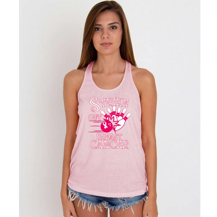 Bowling Strike Out Breast Cancer Awareness Pink Ribbon Gift Women's Knotted Racerback Tank