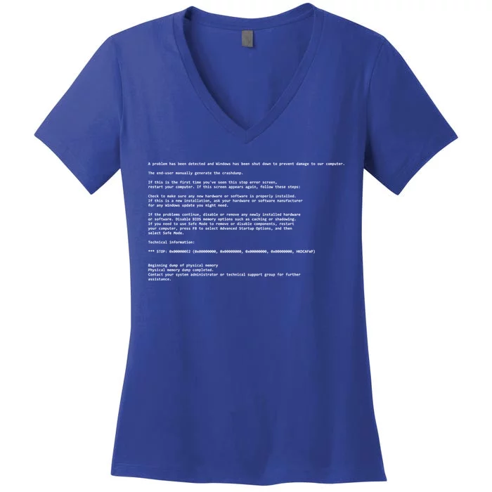 BSOD Computer Error Blue Screen Of Death Women's V-Neck T-Shirt