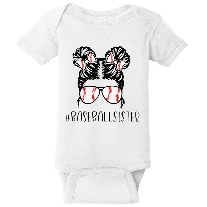 Baseball Sister Proud Sister Messy Bun Baseball Sunglasses Baby Bodysuit