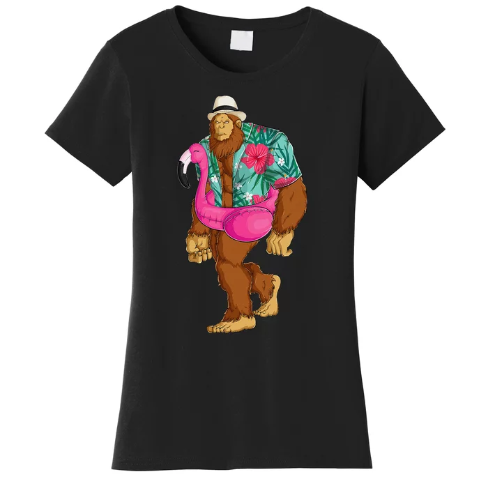 Bigfoot Sasquatch Pink Flamingo Aloha Beach Hawaiian Party Women's T-Shirt