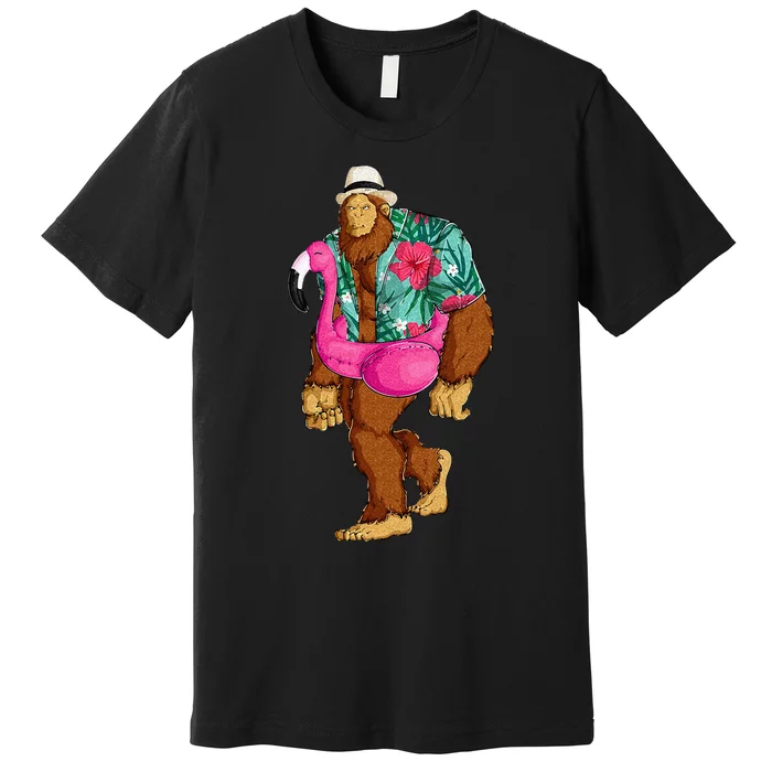 Bigfoot Sasquatch Pink Flamingo Aloha Beach Hawaiian Party Premium T-Shirt