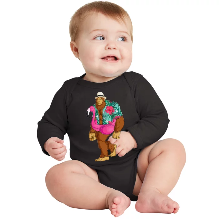 Bigfoot Sasquatch Pink Flamingo Aloha Beach Hawaiian Party Baby Long Sleeve Bodysuit