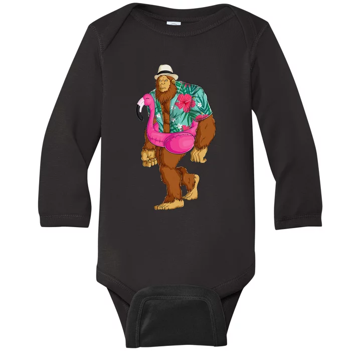 Bigfoot Sasquatch Pink Flamingo Aloha Beach Hawaiian Party Baby Long Sleeve Bodysuit