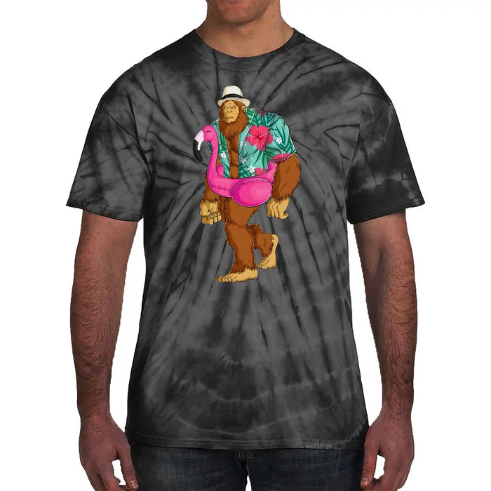 Bigfoot Sasquatch Pink Flamingo Aloha Beach Hawaiian Party Tie-Dye T-Shirt