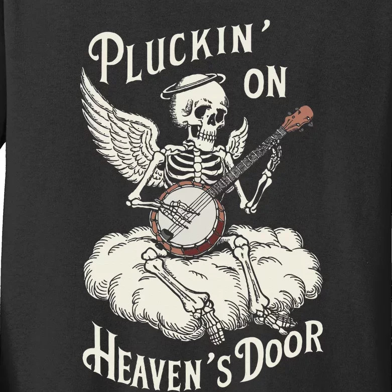 Banjo Skeleton Pluckin On Heavens Door Bluegrass Kids Long Sleeve Shirt