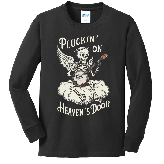 Banjo Skeleton Pluckin On Heavens Door Bluegrass Kids Long Sleeve Shirt