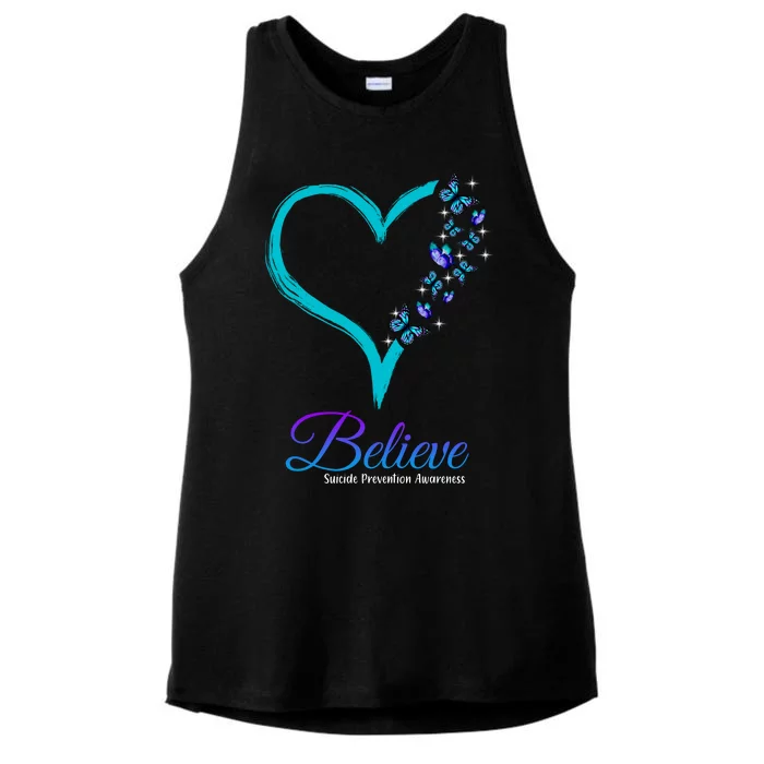 Believe Suicide Prevention Awareness Butterfly Heart Ladies Tri-Blend Wicking Tank