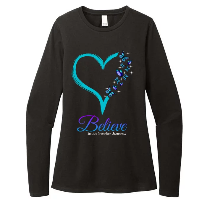 Believe Suicide Prevention Awareness Butterfly Heart Womens CVC Long Sleeve Shirt