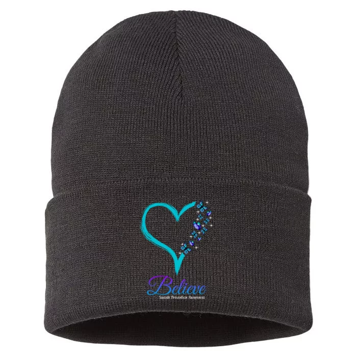 Believe Suicide Prevention Awareness Butterfly Heart Sustainable Knit Beanie