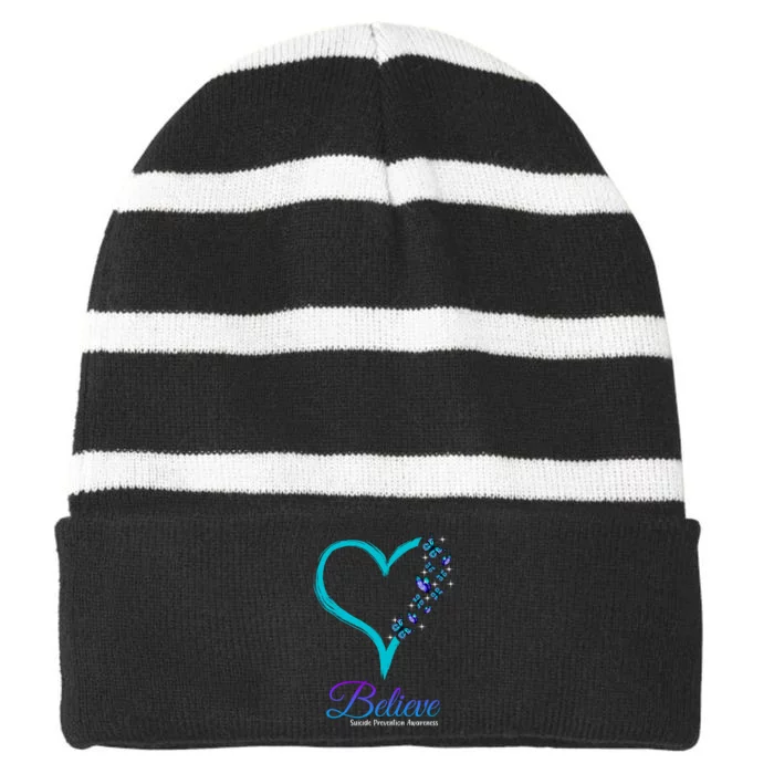 Believe Suicide Prevention Awareness Butterfly Heart Striped Beanie with Solid Band