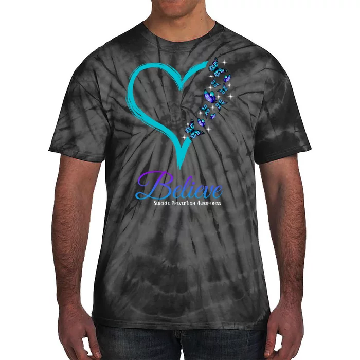 Believe Suicide Prevention Awareness Butterfly Heart Tie-Dye T-Shirt