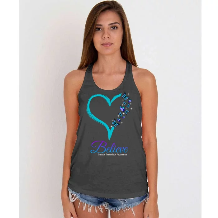 Believe Suicide Prevention Awareness Butterfly Heart Women's Knotted Racerback Tank