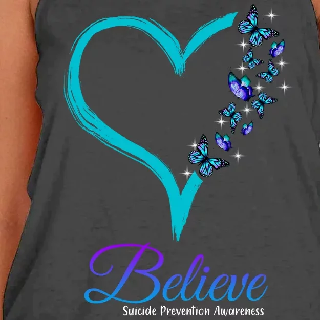 Believe Suicide Prevention Awareness Butterfly Heart Women's Knotted Racerback Tank