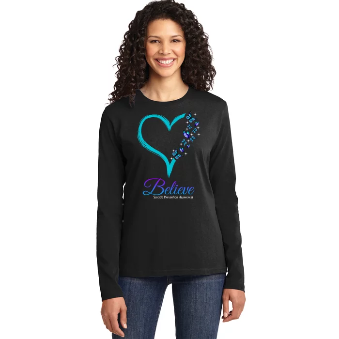 Believe Suicide Prevention Awareness Butterfly Heart Ladies Long Sleeve Shirt