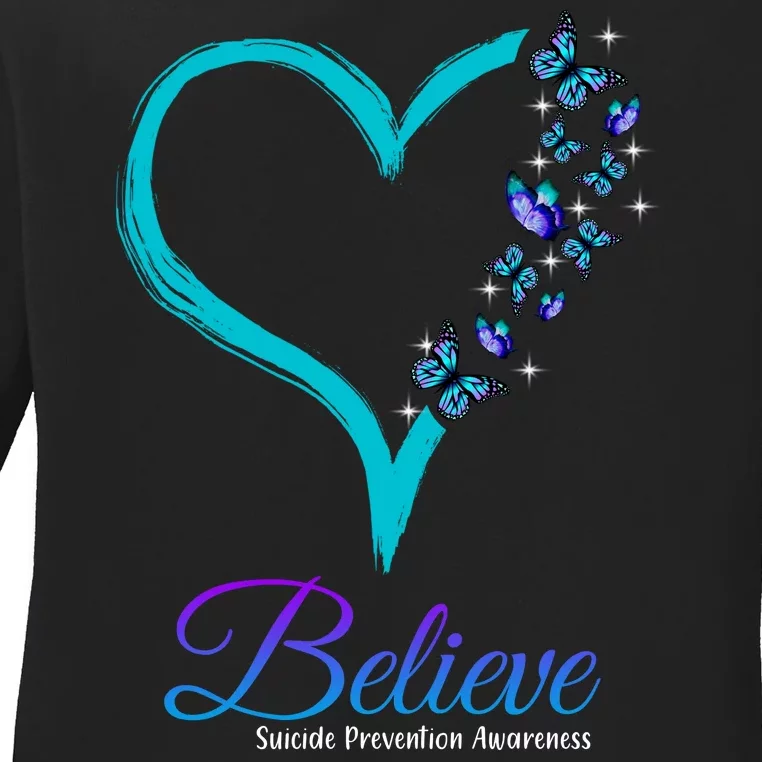 Believe Suicide Prevention Awareness Butterfly Heart Ladies Long Sleeve Shirt