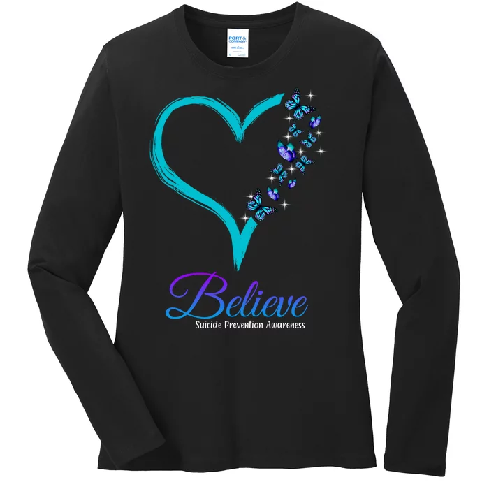 Believe Suicide Prevention Awareness Butterfly Heart Ladies Long Sleeve Shirt