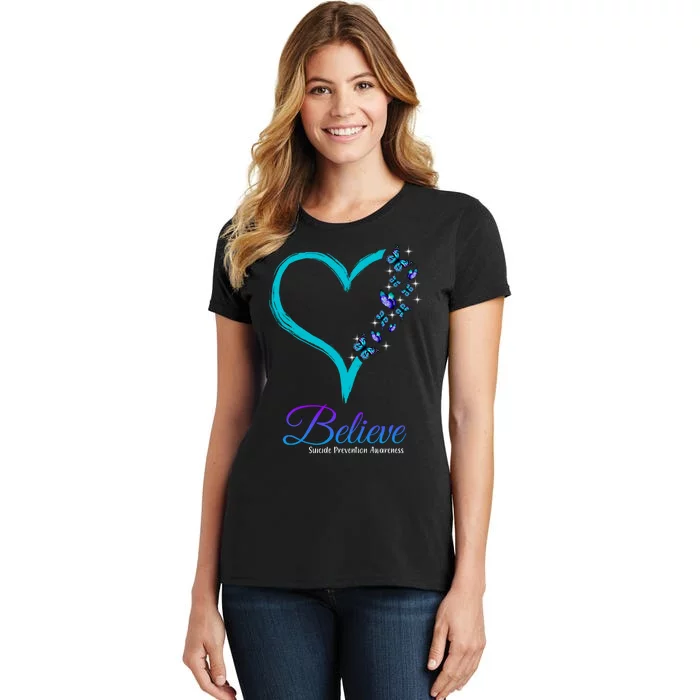 Believe Suicide Prevention Awareness Butterfly Heart Women's T-Shirt