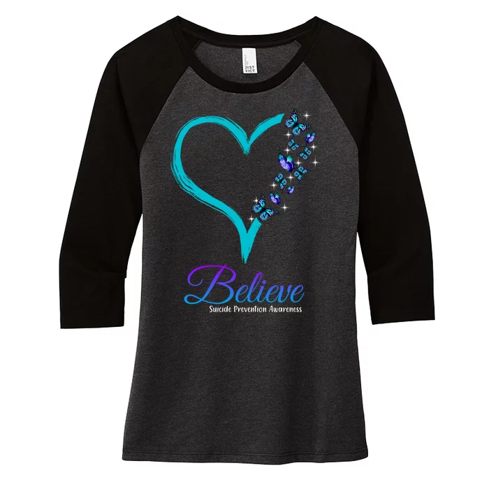 Believe Suicide Prevention Awareness Butterfly Heart Women's Tri-Blend 3/4-Sleeve Raglan Shirt