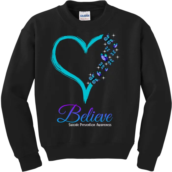 Believe Suicide Prevention Awareness Butterfly Heart Kids Sweatshirt