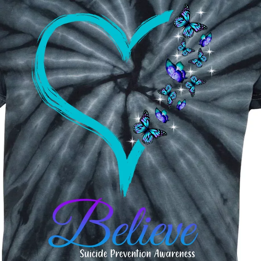 Believe Suicide Prevention Awareness Butterfly Heart Kids Tie-Dye T-Shirt