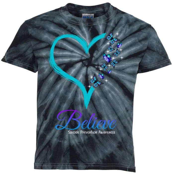 Believe Suicide Prevention Awareness Butterfly Heart Kids Tie-Dye T-Shirt