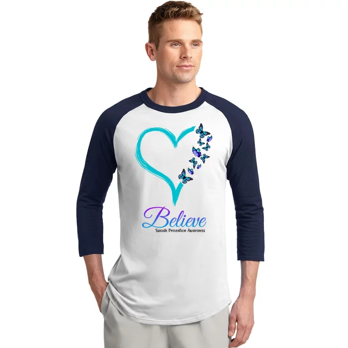 Believe Suicide Prevention Awareness Butterfly Heart Baseball Sleeve Shirt