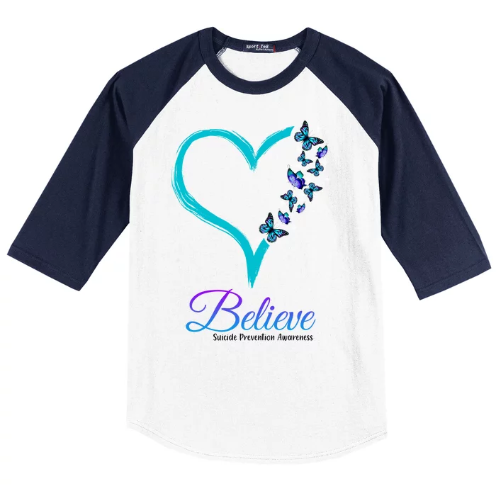 Believe Suicide Prevention Awareness Butterfly Heart Baseball Sleeve Shirt