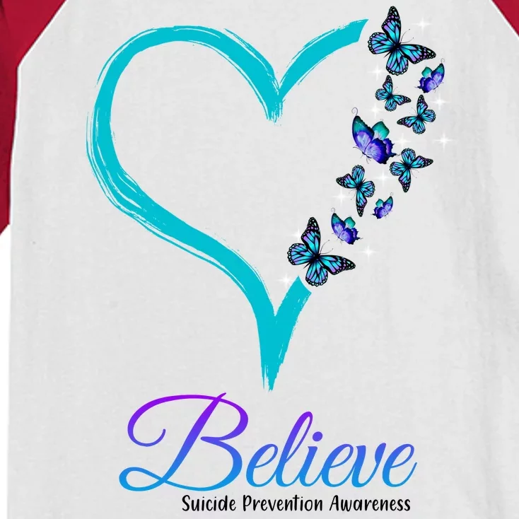 Believe Suicide Prevention Awareness Butterfly Heart Kids Colorblock Raglan Jersey