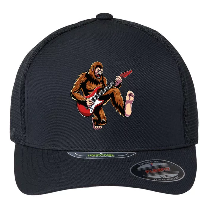 Bigfoot Sasquatch Playing Electric Guitar Rock & Roll Music Flexfit Unipanel Trucker Cap