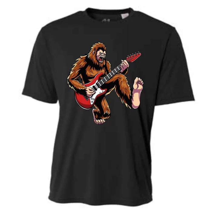 Bigfoot Sasquatch Playing Electric Guitar Rock & Roll Music Cooling Performance Crew T-Shirt