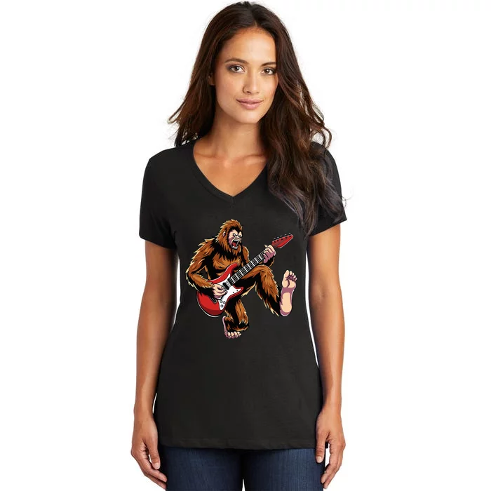 Bigfoot Sasquatch Playing Electric Guitar Rock & Roll Music Women's V-Neck T-Shirt