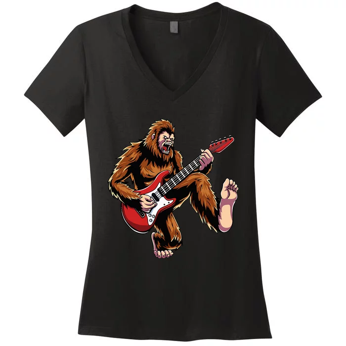 Bigfoot Sasquatch Playing Electric Guitar Rock & Roll Music Women's V-Neck T-Shirt