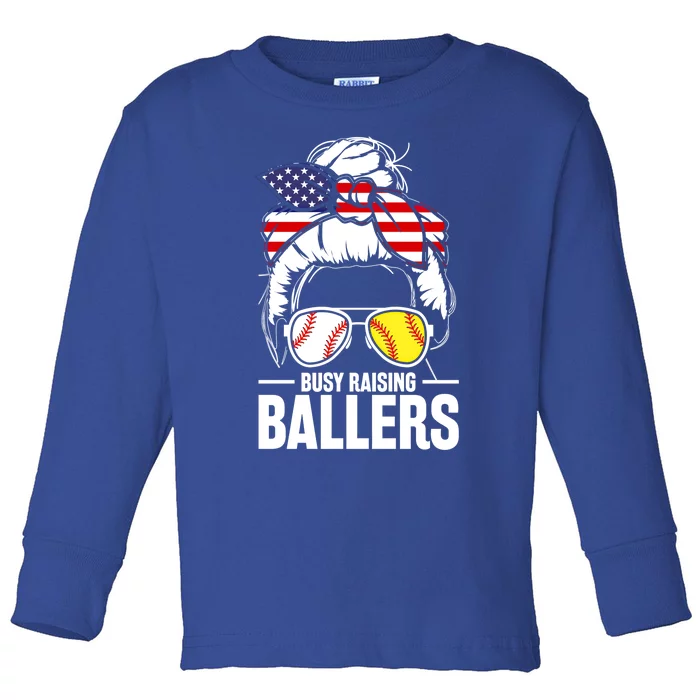 Baseball Softball Proud American Mom Busy Raising Ballers Great Gift Toddler Long Sleeve Shirt