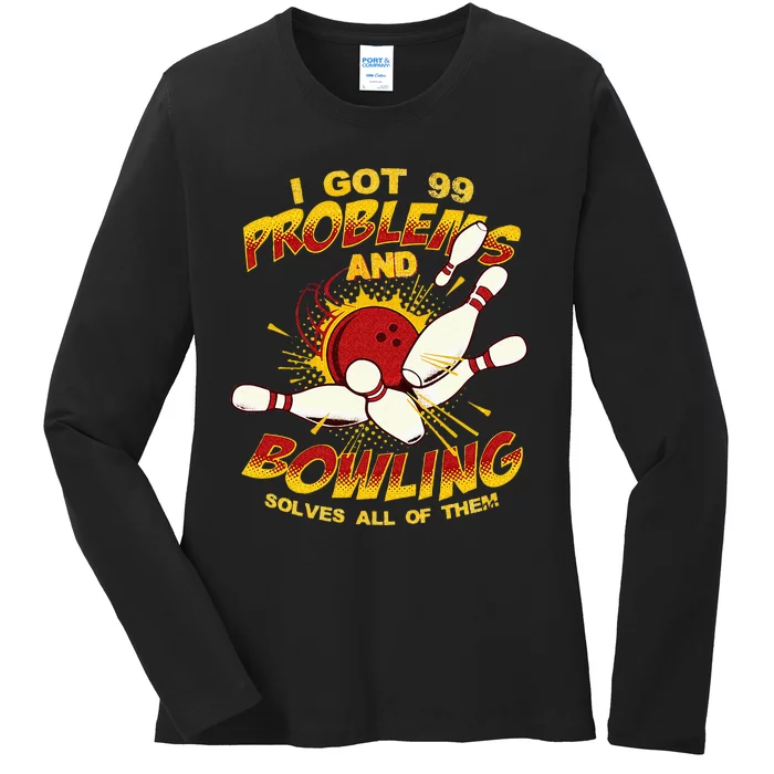 Bowling Solve Problems Funny Retro Bowler Bowling Team Ladies Long Sleeve Shirt