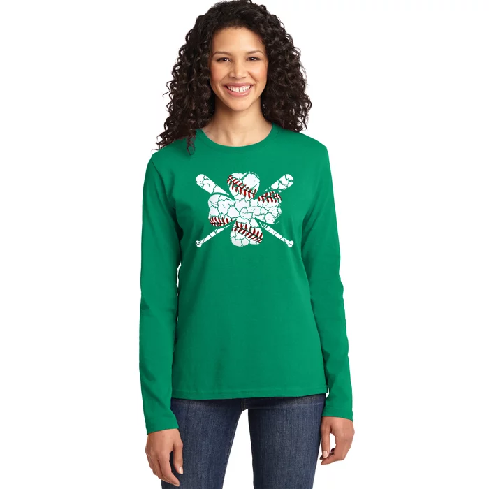 Baseball St Patricks Day Catcher Pitcher Shamrock Funny Gift Ladies Long Sleeve Shirt