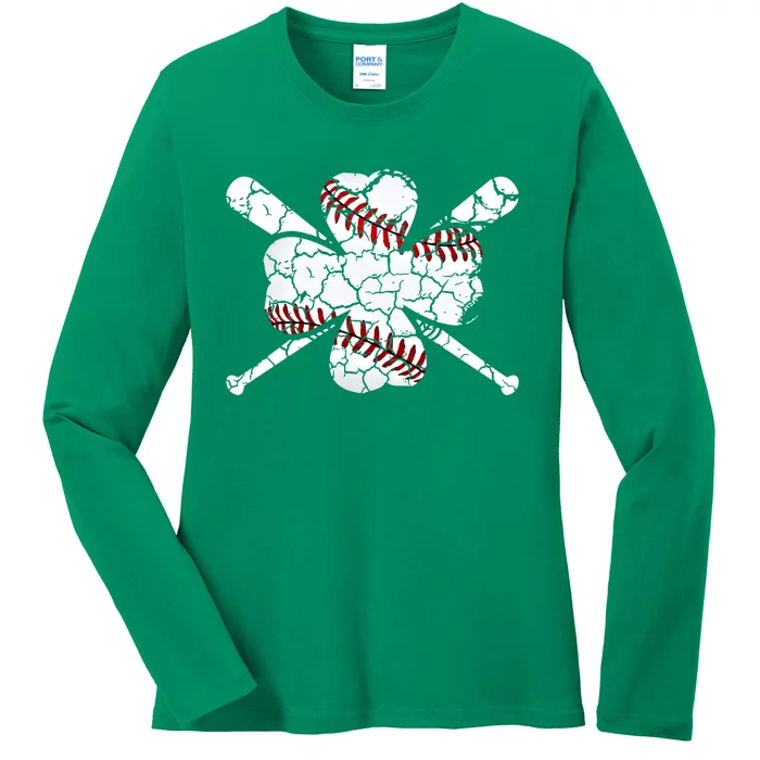 Baseball St Patricks Day Catcher Pitcher Shamrock Funny Gift Ladies Long Sleeve Shirt