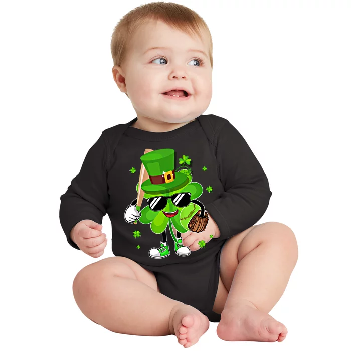 Baseball St PatrickS Day 2024 Clover With Baseball Love Cute Gift Baby Long Sleeve Bodysuit