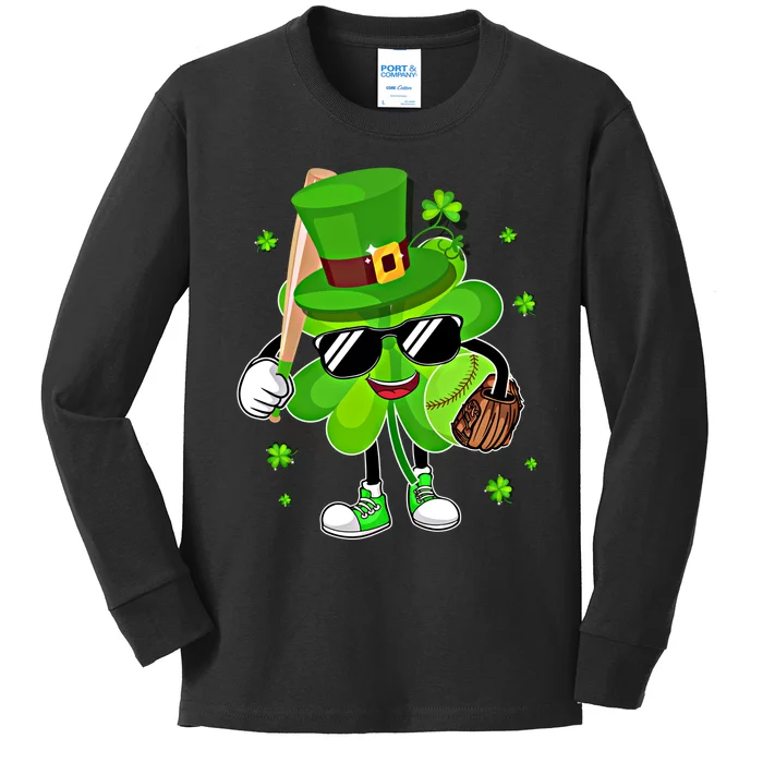 Baseball St PatrickS Day 2024 Clover With Baseball Love Cute Gift Kids Long Sleeve Shirt