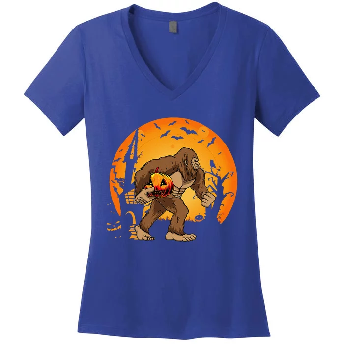 Bigfoot Sasquatch Pumpkin Funny Halloween Costume Outfit Women's V-Neck T-Shirt