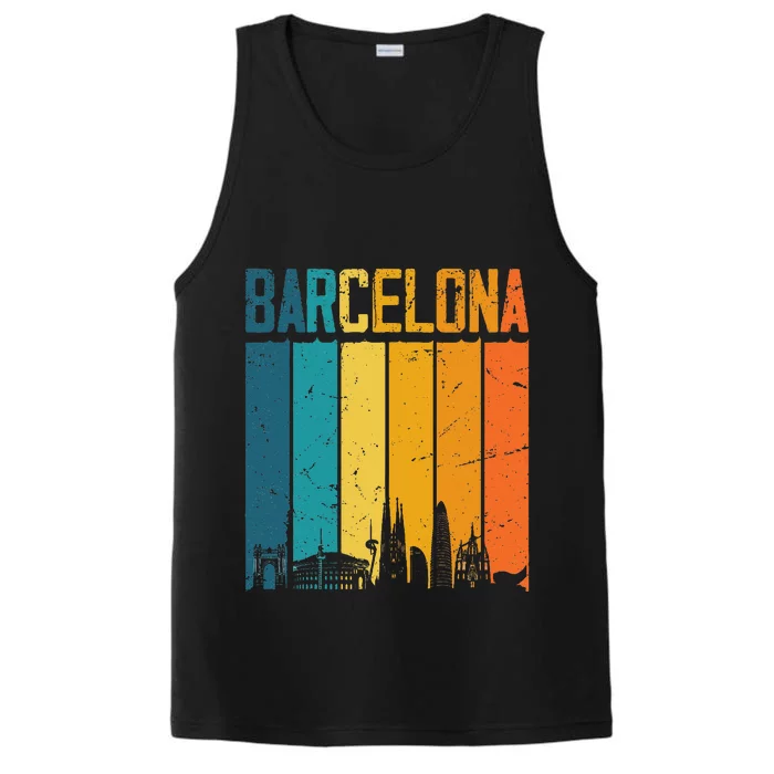 Barcelona Spain Retro Vintage Sunset Skyline Barcelona Performance Tank