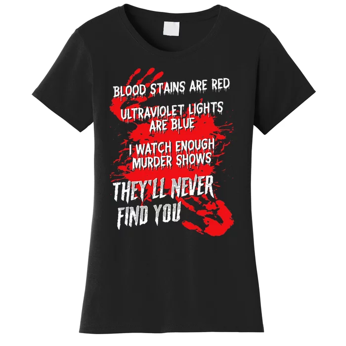 Blood Stains Red Ultraviolet Lights Blue They Never Find You Women's T-Shirt